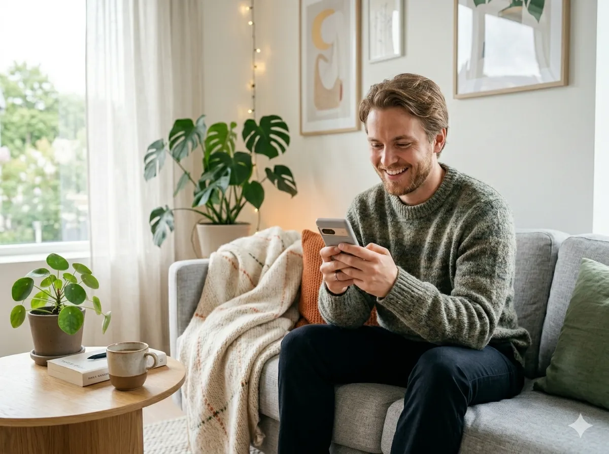 Person som väljer sin egen present på sin mobiltelefon med Glede -presentkort